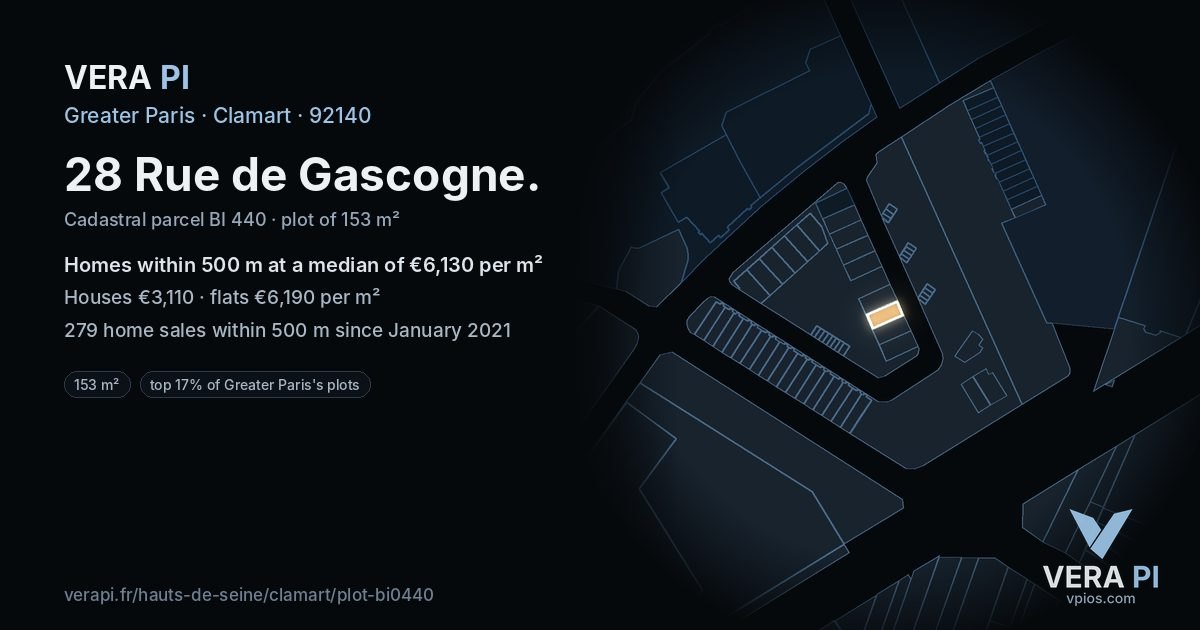 28 Rue de Gascogne, Clamart at night – the plot lit, the parcels around coloured by the prices near them