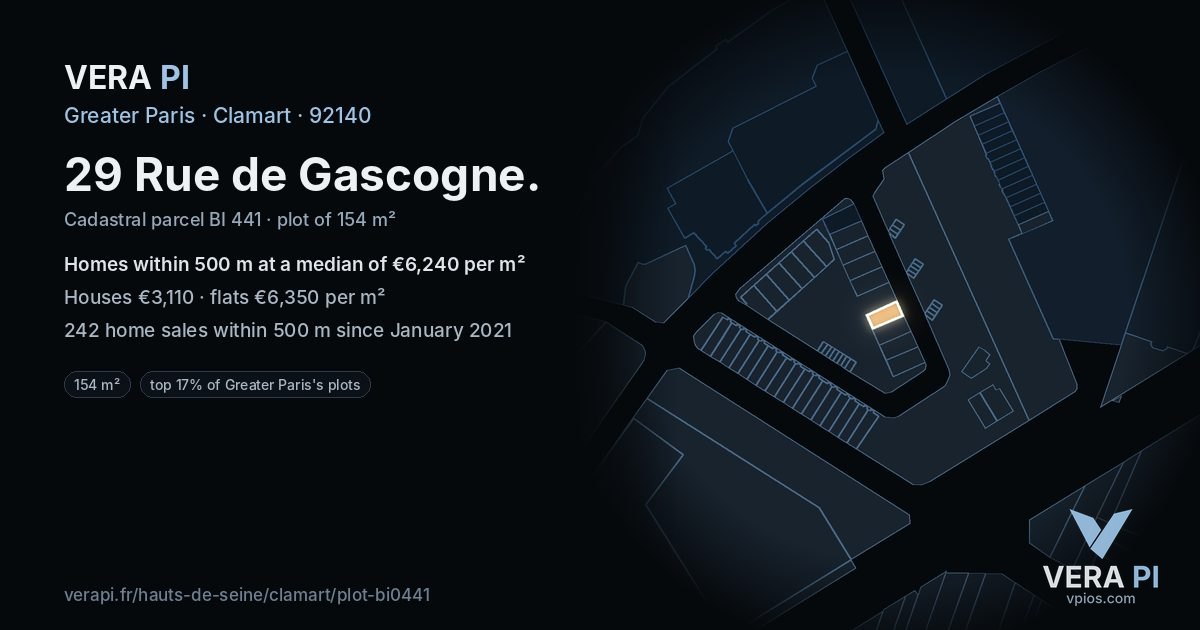 29 Rue de Gascogne, Clamart at night – the plot lit, the parcels around coloured by the prices near them