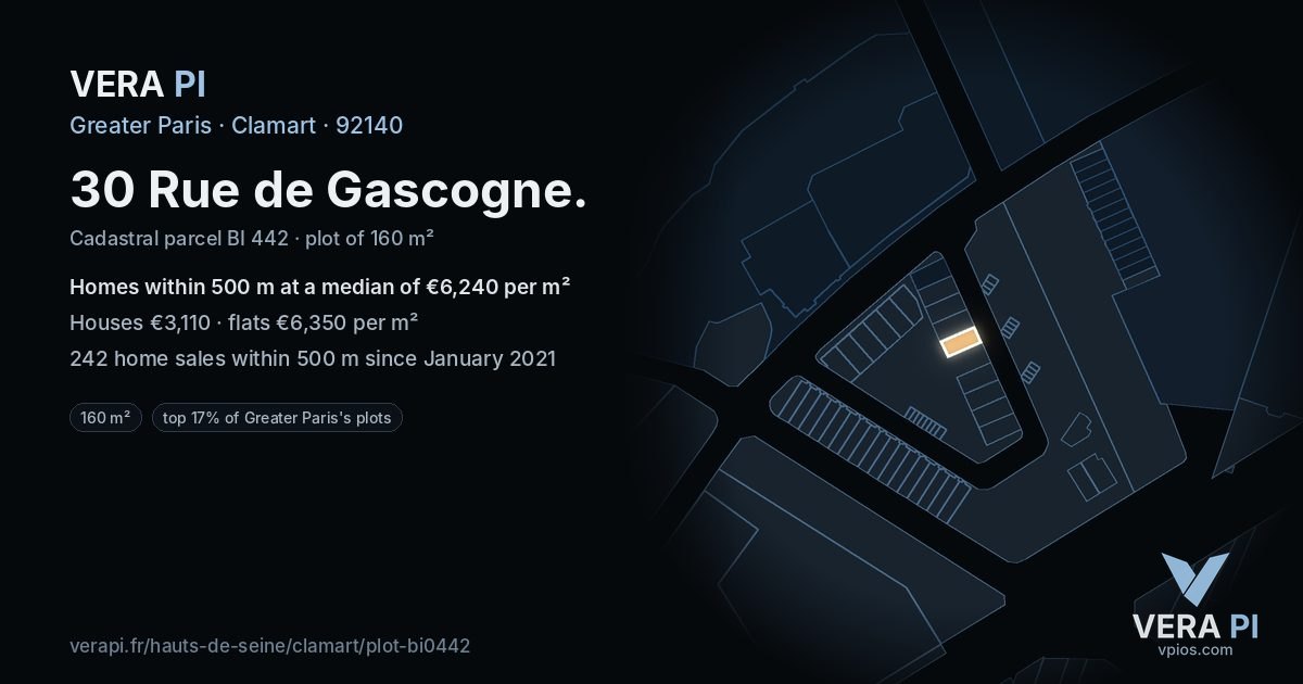 30 Rue de Gascogne, Clamart at night – the plot lit, the parcels around coloured by the prices near them