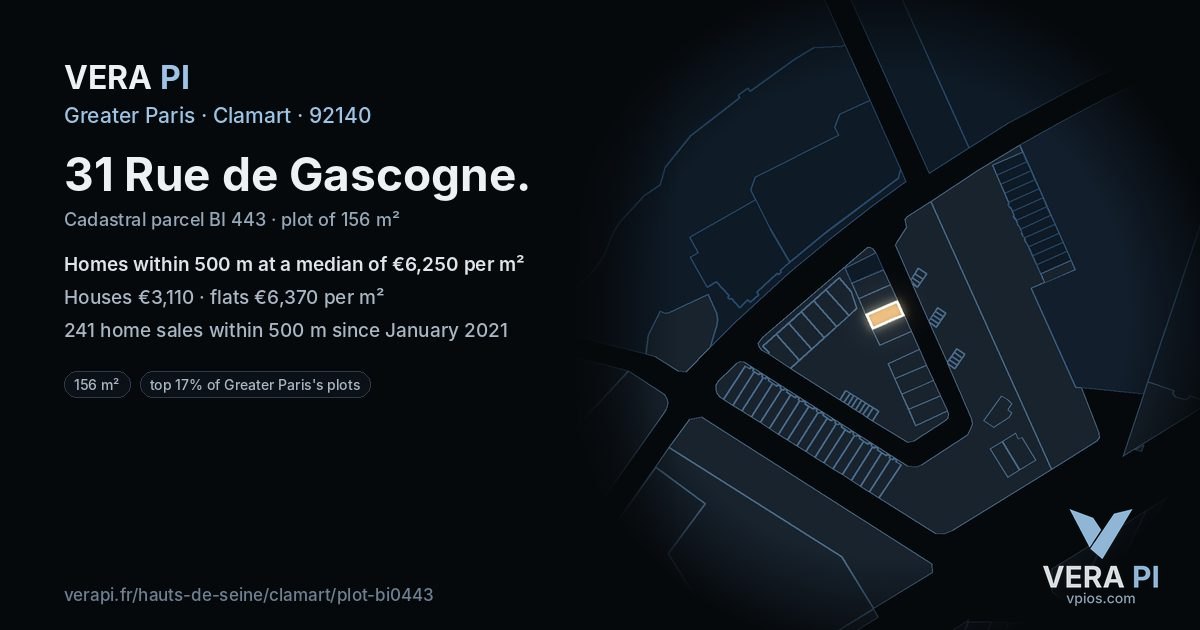 31 Rue de Gascogne, Clamart at night – the plot lit, the parcels around coloured by the prices near them