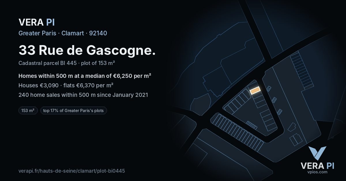 33 Rue de Gascogne, Clamart at night – the plot lit, the parcels around coloured by the prices near them