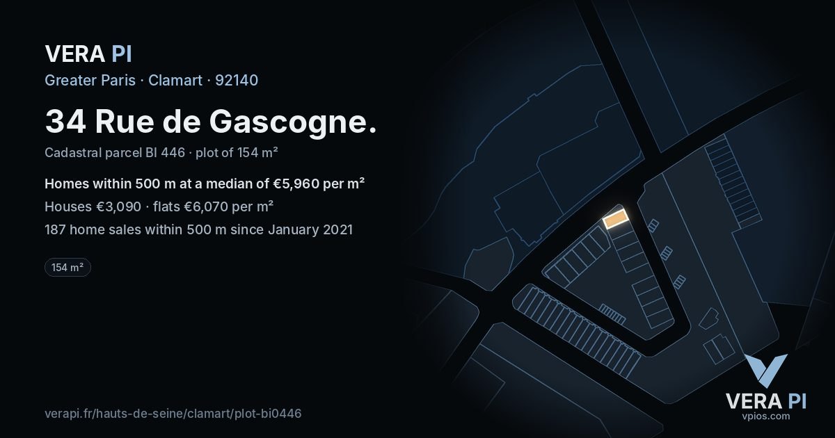 34 Rue de Gascogne, Clamart at night – the plot lit, the parcels around coloured by the prices near them