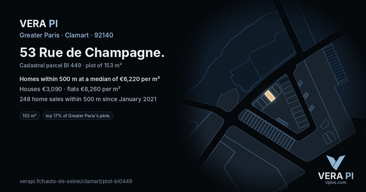 53 Rue de Champagne, Clamart at night – the plot lit, the parcels around coloured by the prices near them