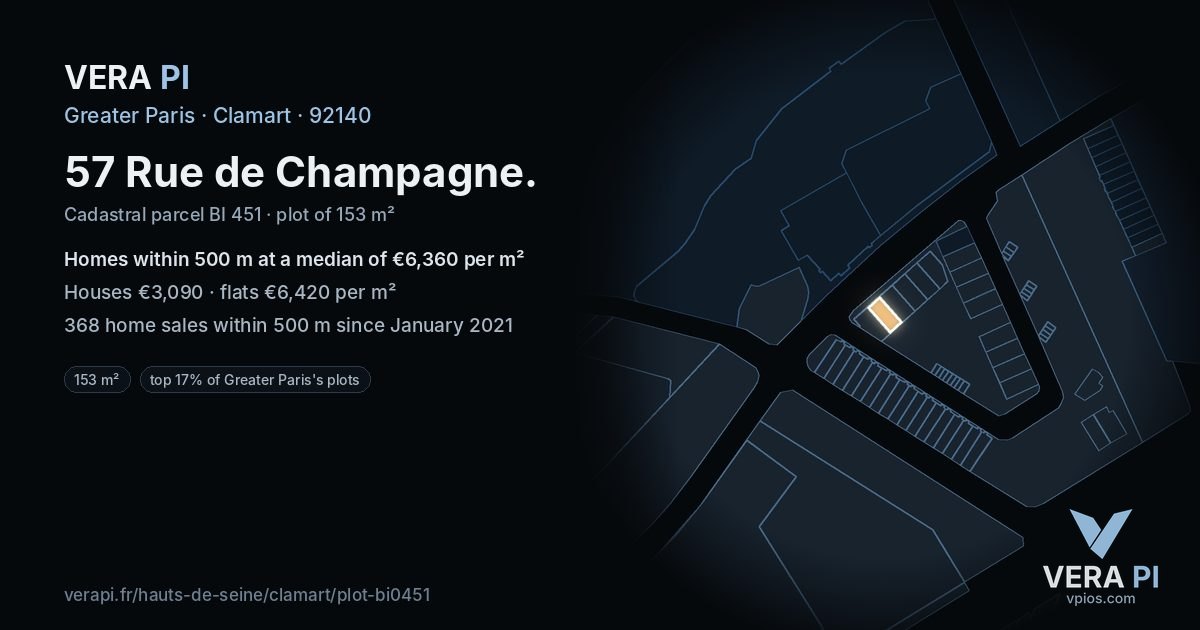 57 Rue de Champagne, Clamart at night – the plot lit, the parcels around coloured by the prices near them