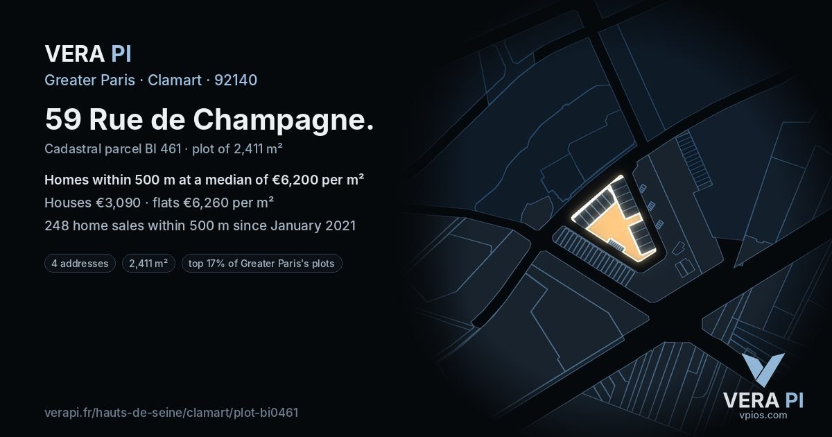 59 Rue de Champagne, Clamart at night – the plot lit, the parcels around coloured by the prices near them