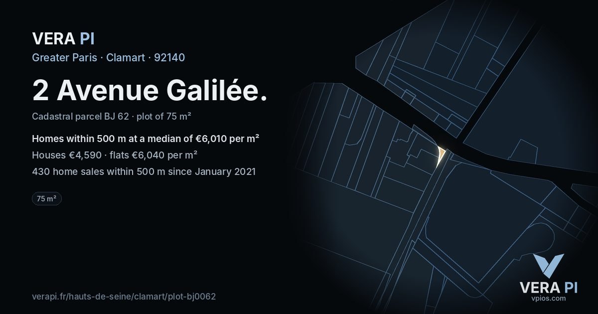 2 Avenue Galilée, Clamart at night – the plot lit, the parcels around coloured by the prices near them