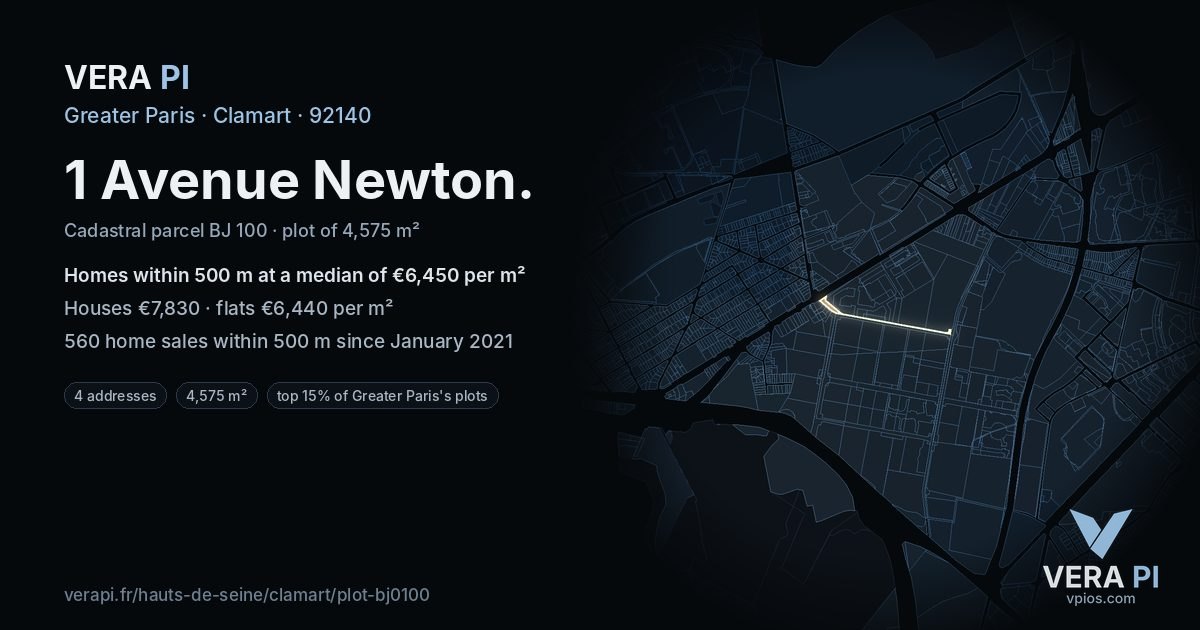 1 Avenue Newton, Clamart at night – the plot lit, the parcels around coloured by the prices near them