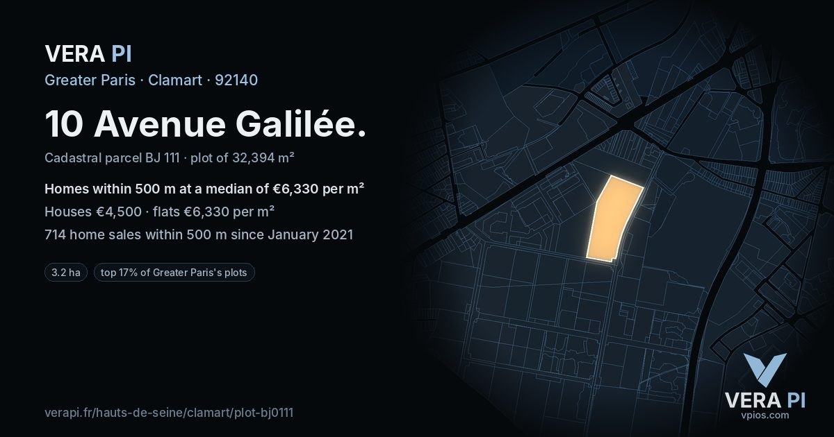 10 Avenue Galilée, Clamart at night – the plot lit, the parcels around coloured by the prices near them