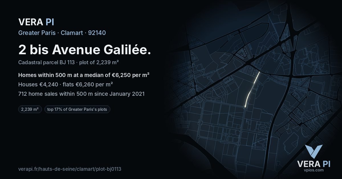 2 bis Avenue Galilée, Clamart at night – the plot lit, the parcels around coloured by the prices near them