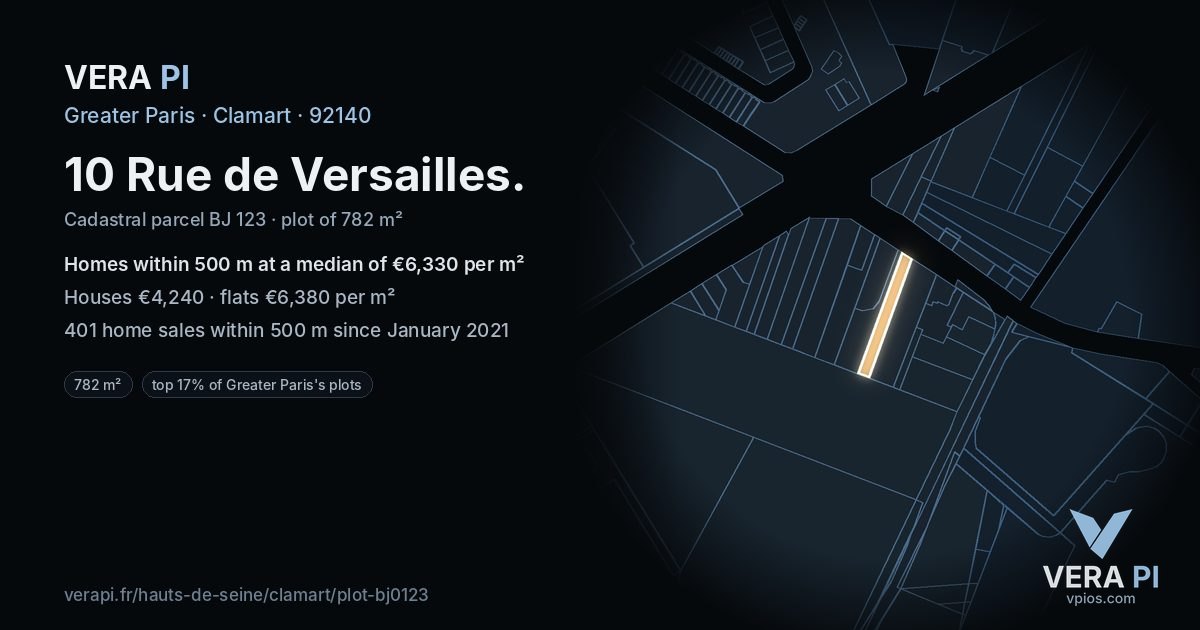 10 Rue de Versailles, Clamart at night – the plot lit, the parcels around coloured by the prices near them