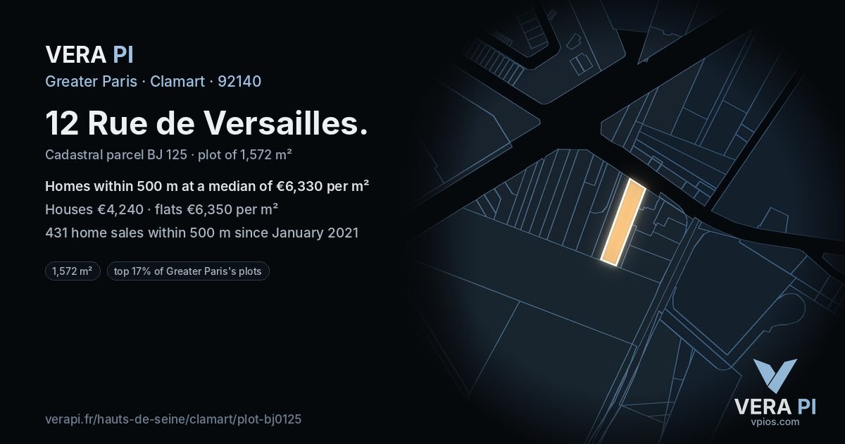 12 Rue de Versailles, Clamart at night – the plot lit, the parcels around coloured by the prices near them