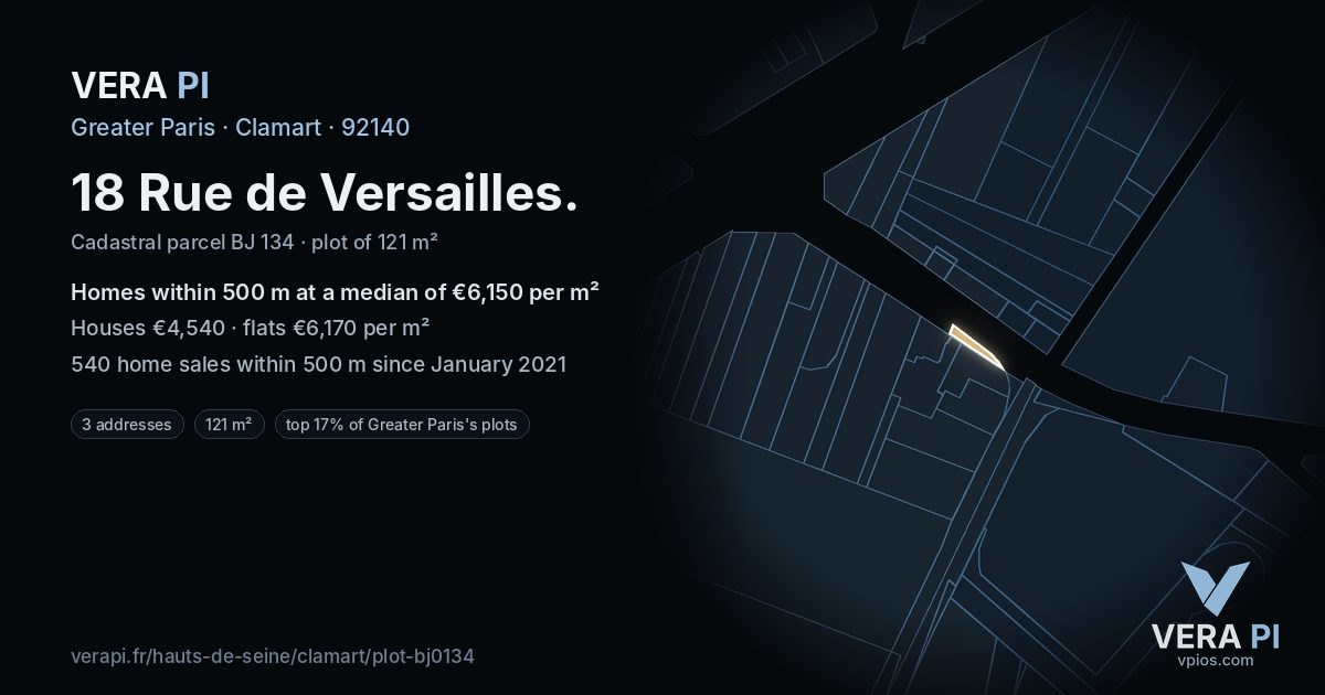 18 Rue de Versailles, Clamart at night – the plot lit, the parcels around coloured by the prices near them