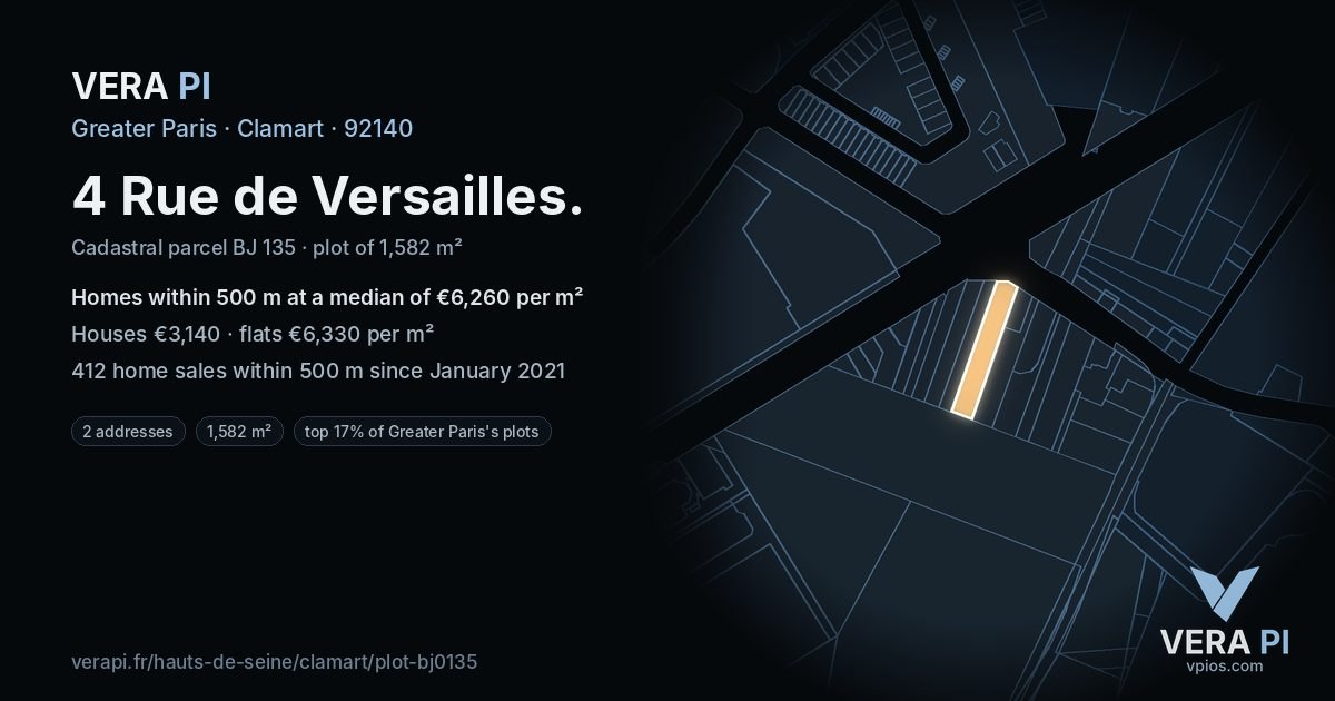 4 Rue de Versailles, Clamart at night – the plot lit, the parcels around coloured by the prices near them