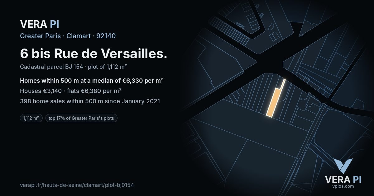 6 bis Rue de Versailles, Clamart at night – the plot lit, the parcels around coloured by the prices near them