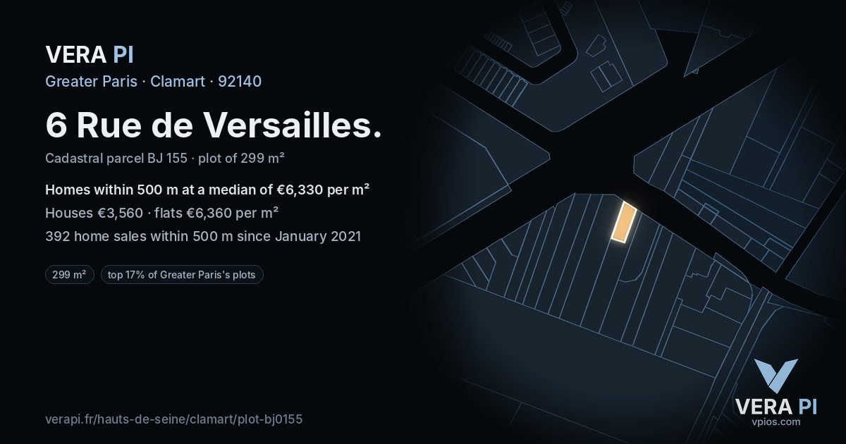6 Rue de Versailles, Clamart at night – the plot lit, the parcels around coloured by the prices near them