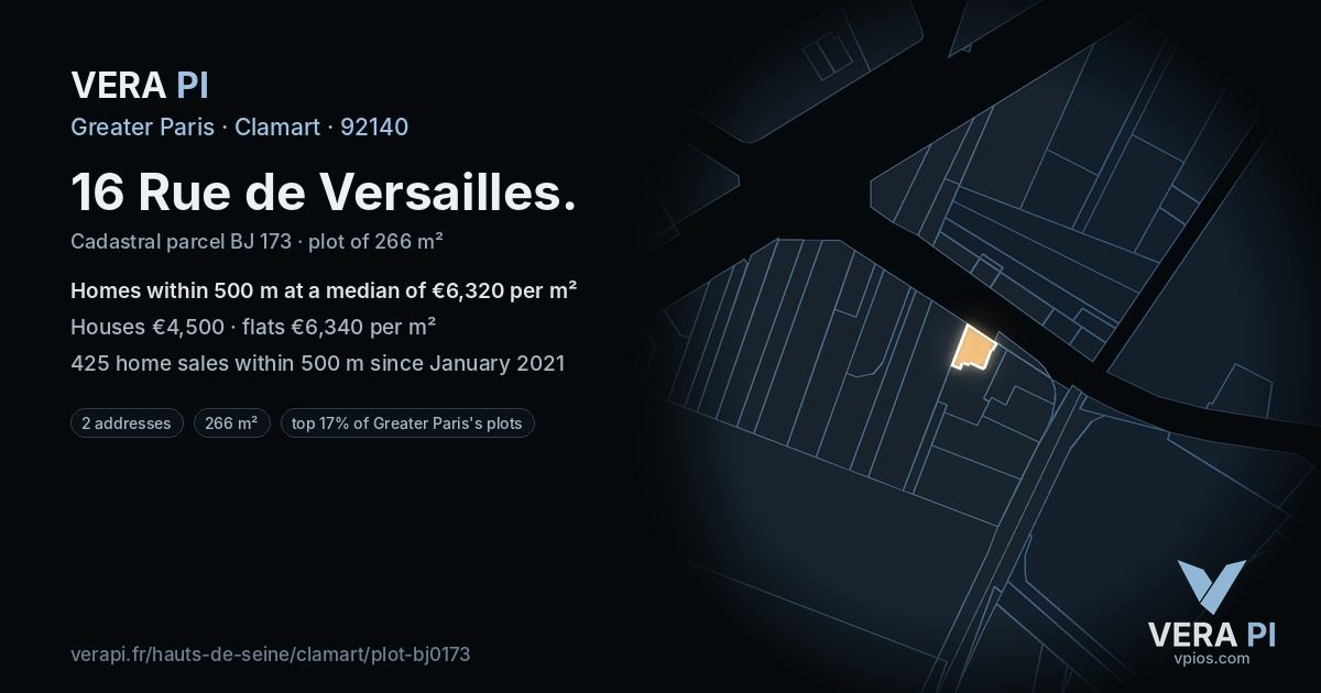 16 Rue de Versailles, Clamart at night – the plot lit, the parcels around coloured by the prices near them