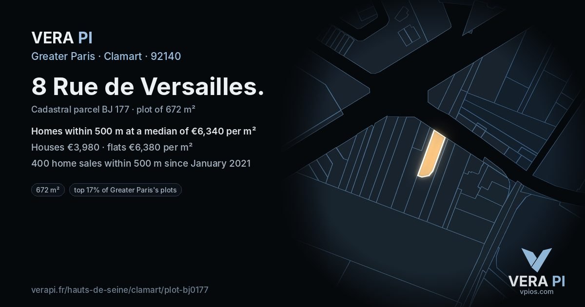 8 Rue de Versailles, Clamart at night – the plot lit, the parcels around coloured by the prices near them