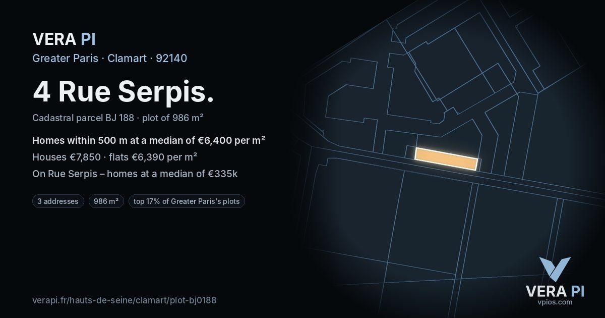 4 Rue Serpis, Clamart at night – the plot lit, the parcels around coloured by the prices near them