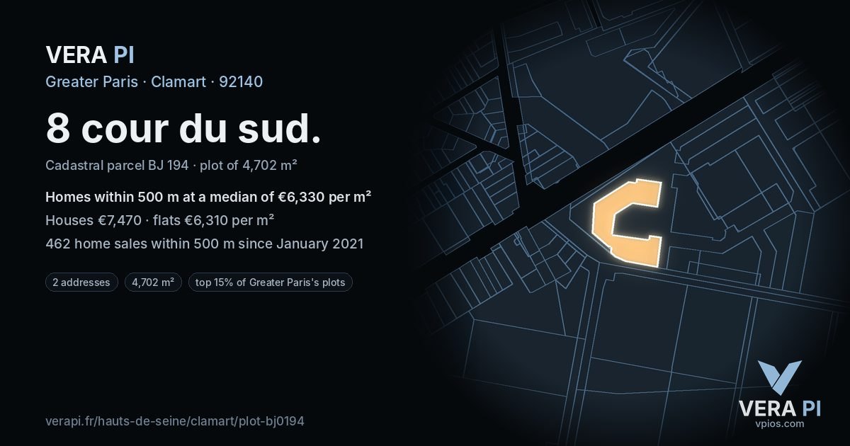 8 cour du sud, Clamart at night – the plot lit, the parcels around coloured by the prices near them