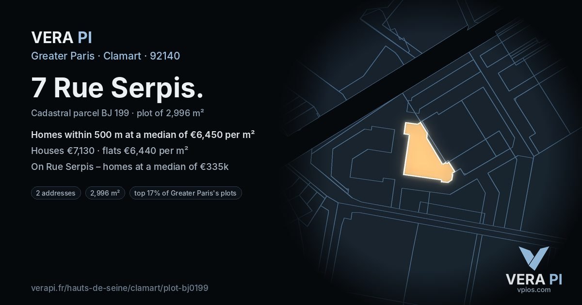 7 Rue Serpis, Clamart at night – the plot lit, the parcels around coloured by the prices near them