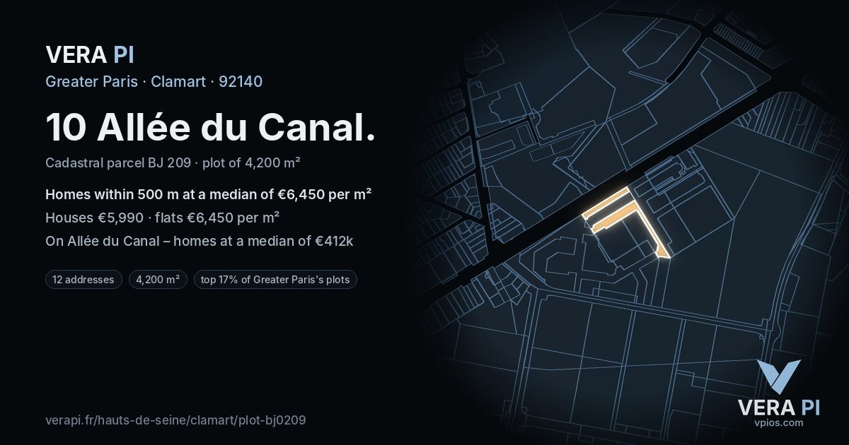 10 Allée du Canal, Clamart at night – the plot lit, the parcels around coloured by the prices near them
