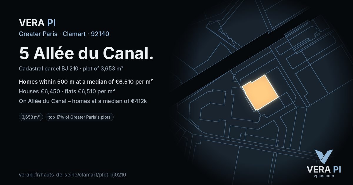 5 Allée du Canal, Clamart at night – the plot lit, the parcels around coloured by the prices near them