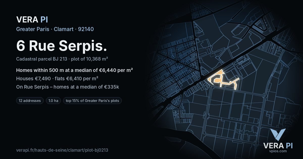 6 Rue Serpis, Clamart at night – the plot lit, the parcels around coloured by the prices near them