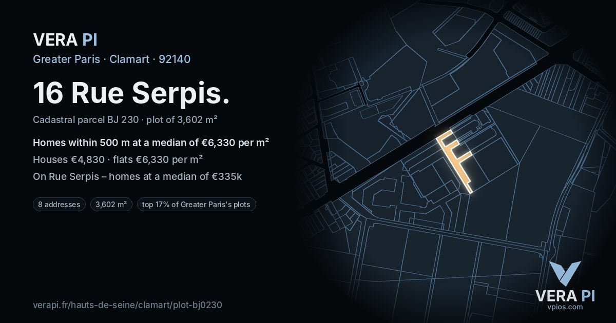 16 Rue Serpis, Clamart at night – the plot lit, the parcels around coloured by the prices near them