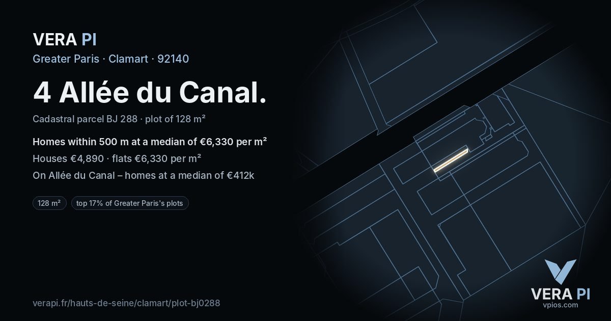 4 Allée du Canal, Clamart at night – the plot lit, the parcels around coloured by the prices near them