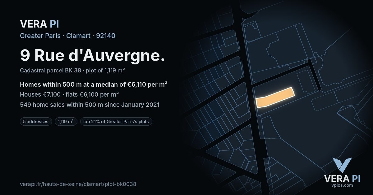 9 Rue d'Auvergne, Clamart at night – the plot lit, the parcels around coloured by the prices near them
