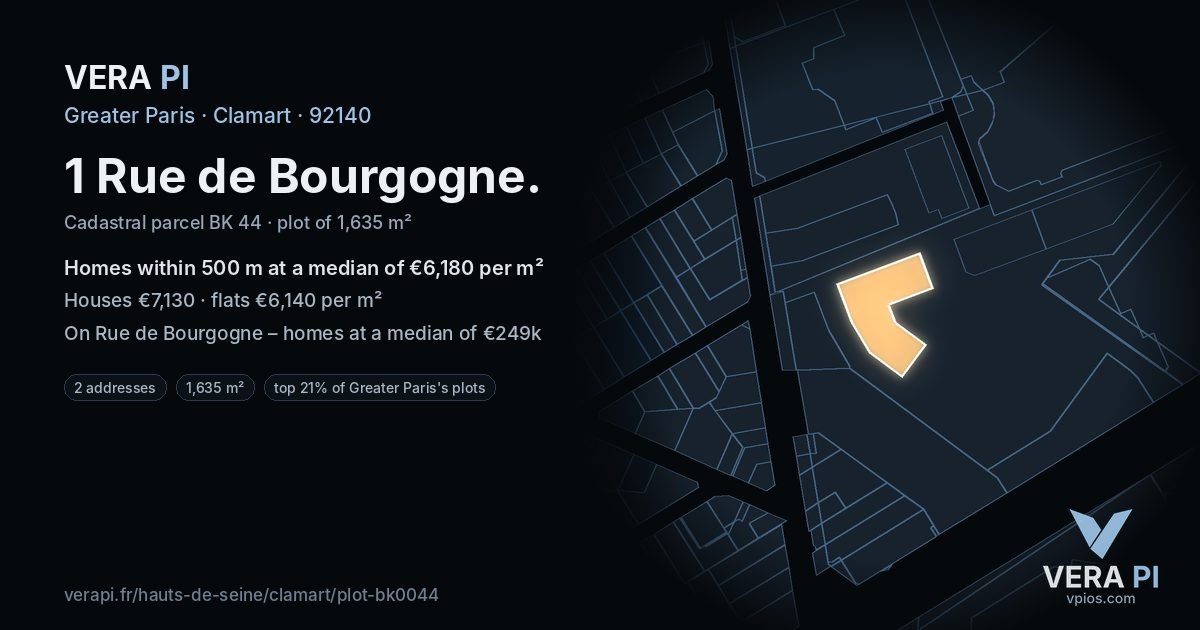 1 Rue de Bourgogne, Clamart at night – the plot lit, the parcels around coloured by the prices near them