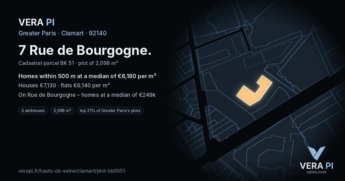7 Rue de Bourgogne, Clamart at night – the plot lit, the parcels around coloured by the prices near them