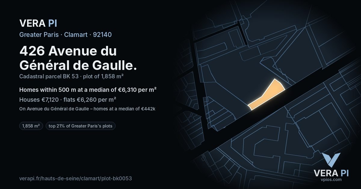 426 Avenue du Général de Gaulle, Clamart at night – the plot lit, the parcels around coloured by the prices near them