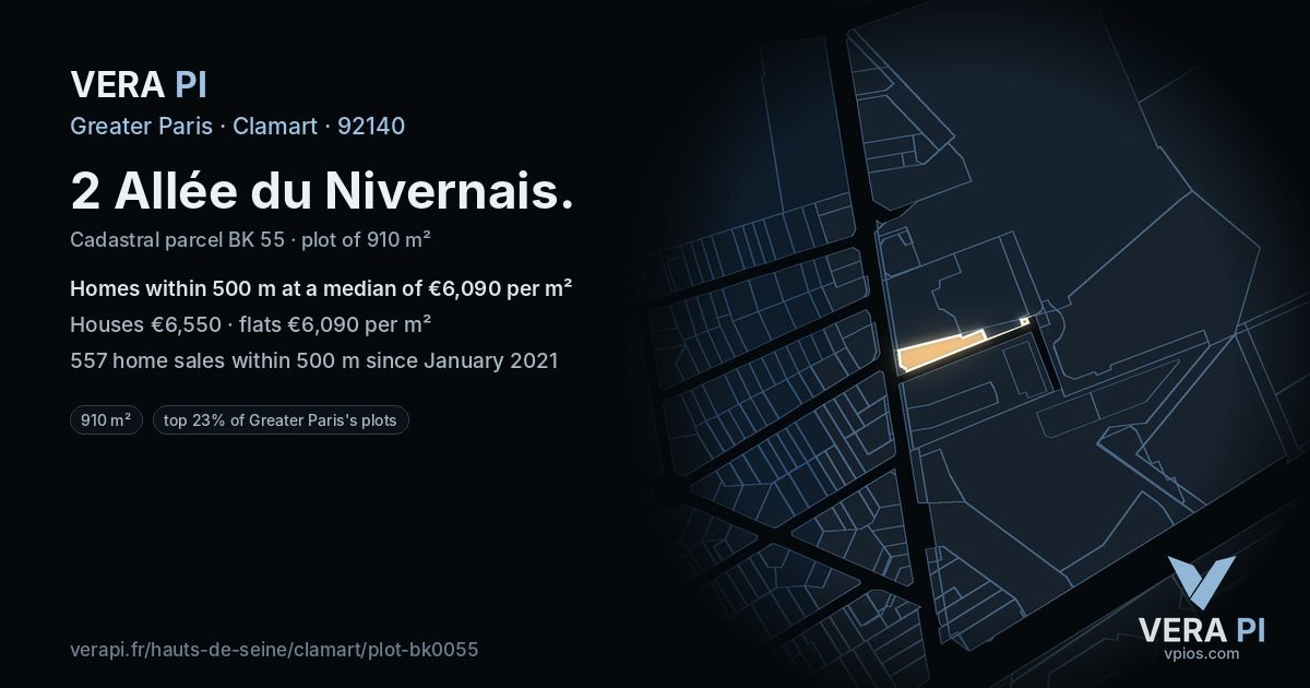 2 Allée du Nivernais, Clamart at night – the plot lit, the parcels around coloured by the prices near them
