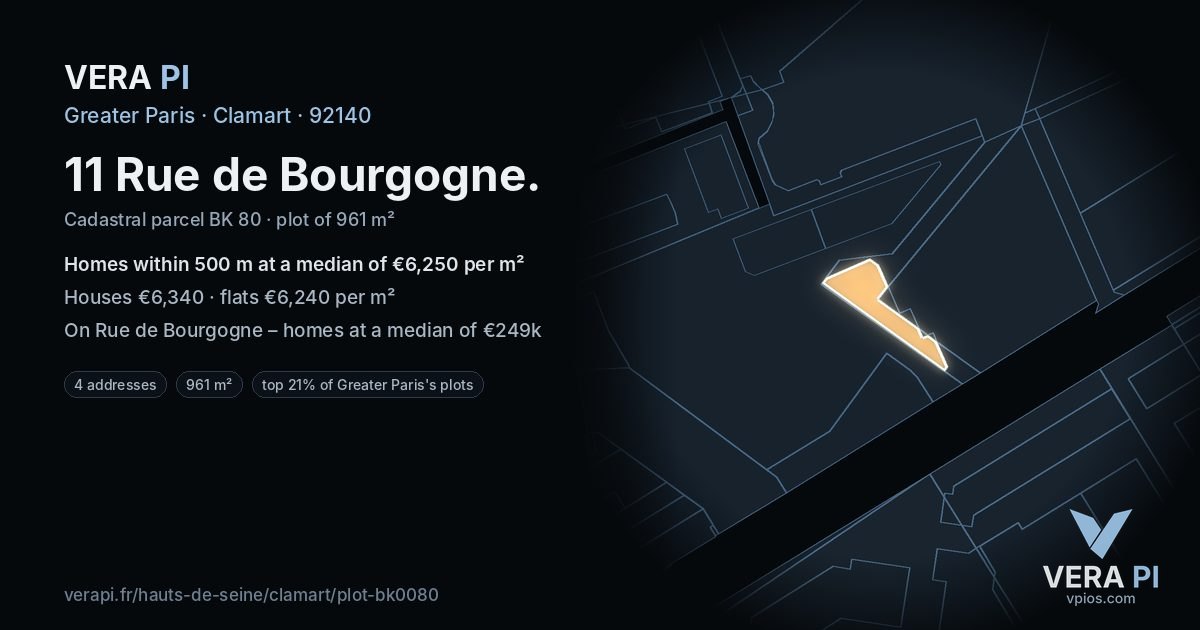 11 Rue de Bourgogne, Clamart at night – the plot lit, the parcels around coloured by the prices near them