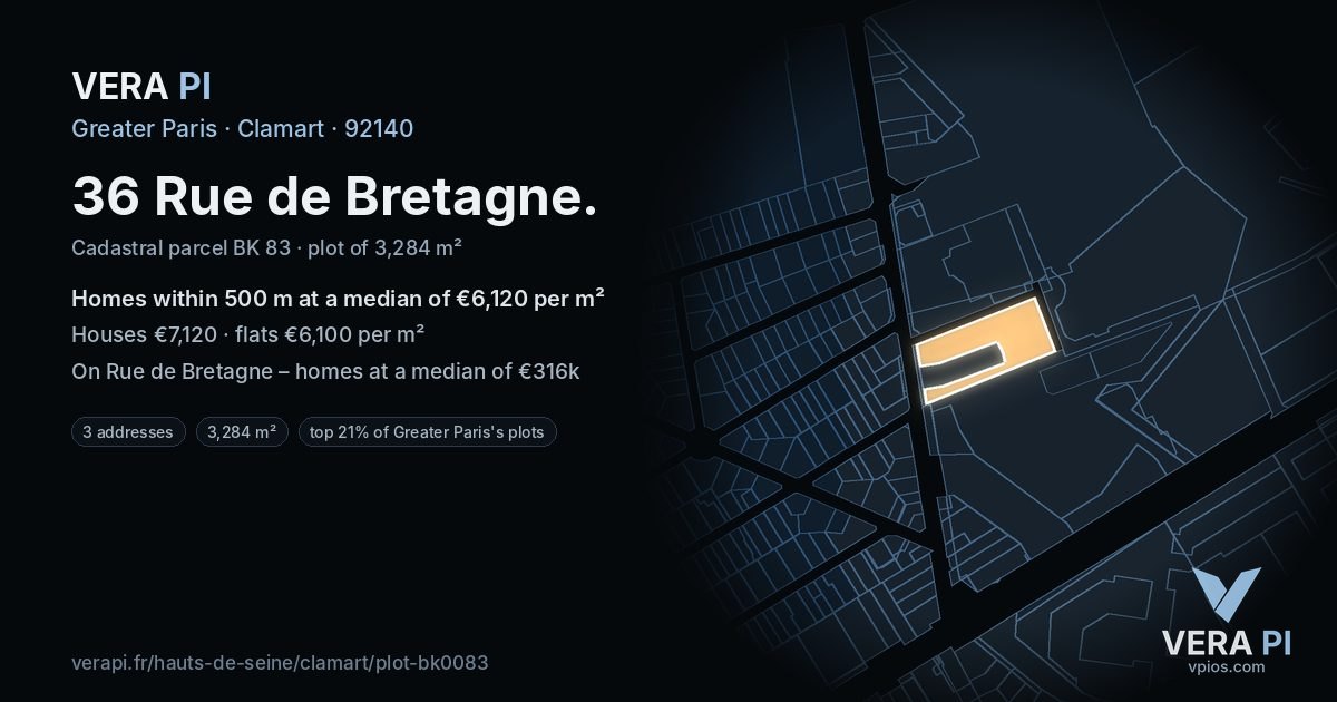 36 Rue de Bretagne, Clamart at night – the plot lit, the parcels around coloured by the prices near them