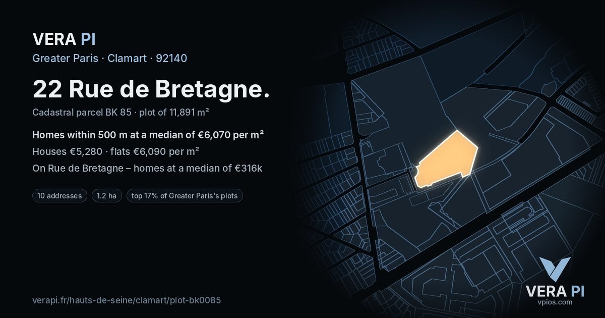 22 Rue de Bretagne, Clamart at night – the plot lit, the parcels around coloured by the prices near them