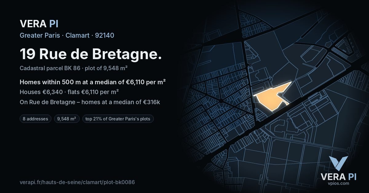 19 Rue de Bretagne, Clamart at night – the plot lit, the parcels around coloured by the prices near them