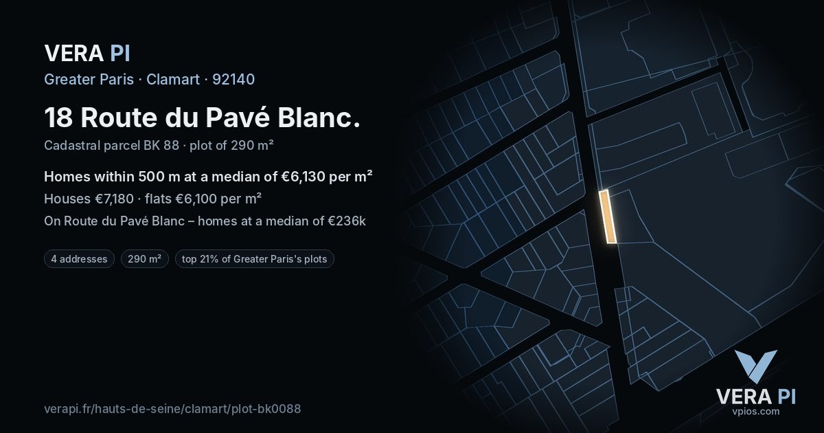 18 Route du Pavé Blanc, Clamart at night – the plot lit, the parcels around coloured by the prices near them