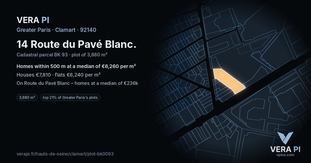 14 Route du Pavé Blanc, Clamart at night – the plot lit, the parcels around coloured by the prices near them