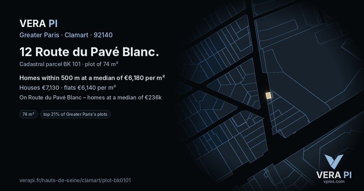 12 Route du Pavé Blanc, Clamart at night – the plot lit, the parcels around coloured by the prices near them
