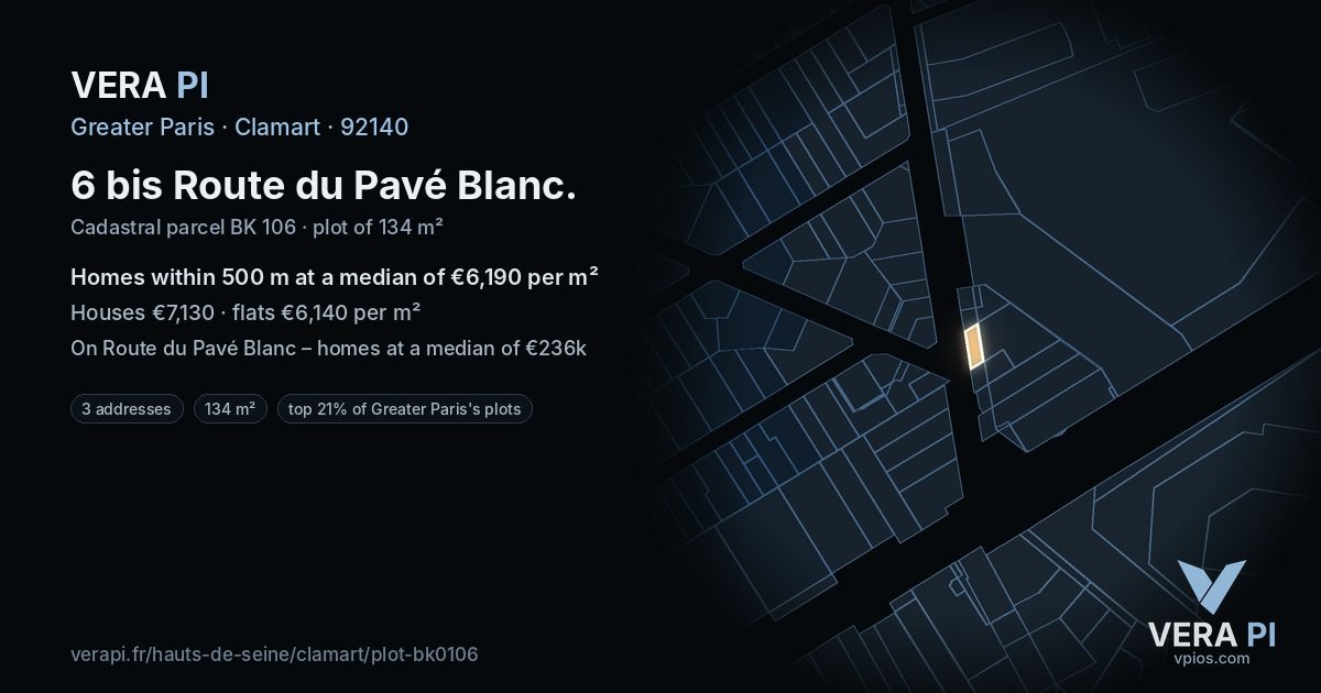 6 bis Route du Pavé Blanc, Clamart at night – the plot lit, the parcels around coloured by the prices near them
