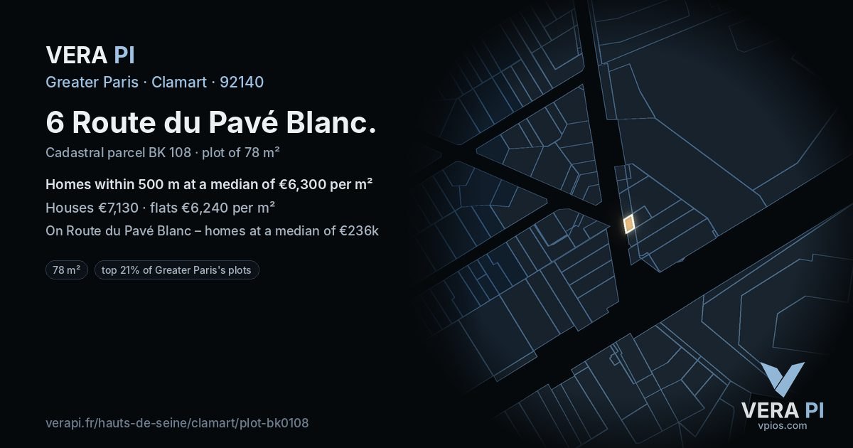 6 Route du Pavé Blanc, Clamart at night – the plot lit, the parcels around coloured by the prices near them