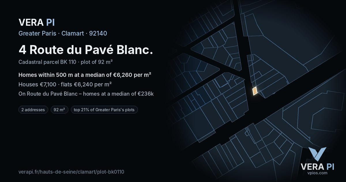 4 Route du Pavé Blanc, Clamart at night – the plot lit, the parcels around coloured by the prices near them
