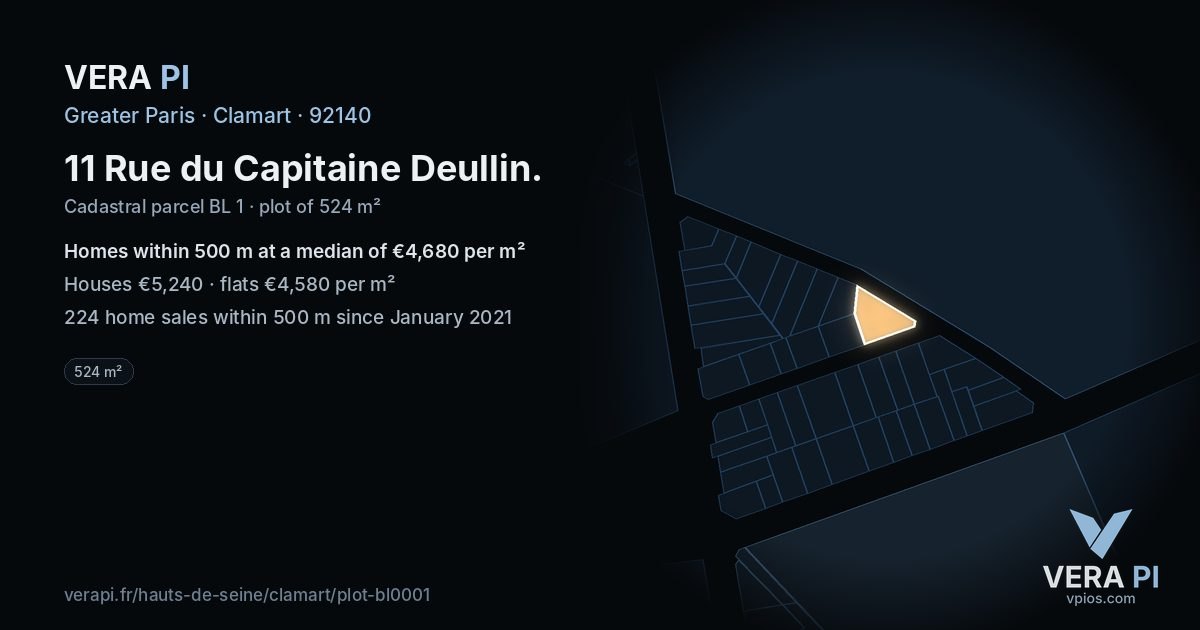 11 Rue du Capitaine Deullin, Clamart at night – the plot lit, the parcels around coloured by the prices near them