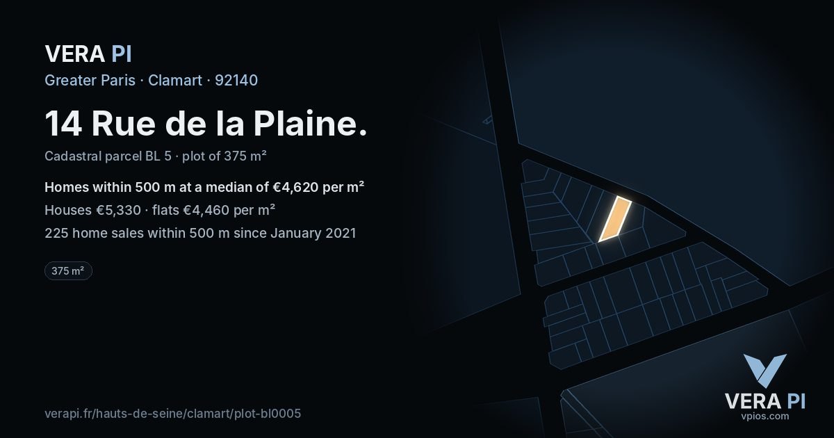 14 Rue de la Plaine, Clamart at night – the plot lit, the parcels around coloured by the prices near them
