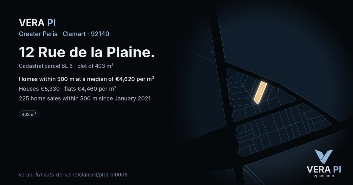 12 Rue de la Plaine, Clamart at night – the plot lit, the parcels around coloured by the prices near them