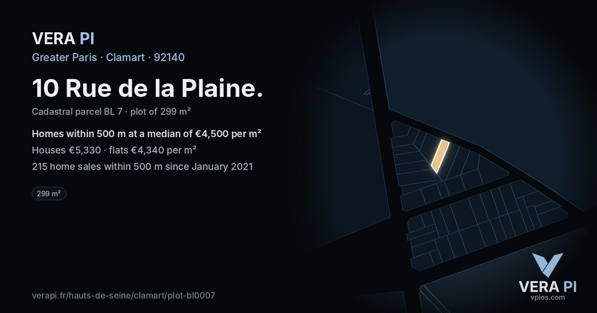 10 Rue de la Plaine, Clamart at night – the plot lit, the parcels around coloured by the prices near them