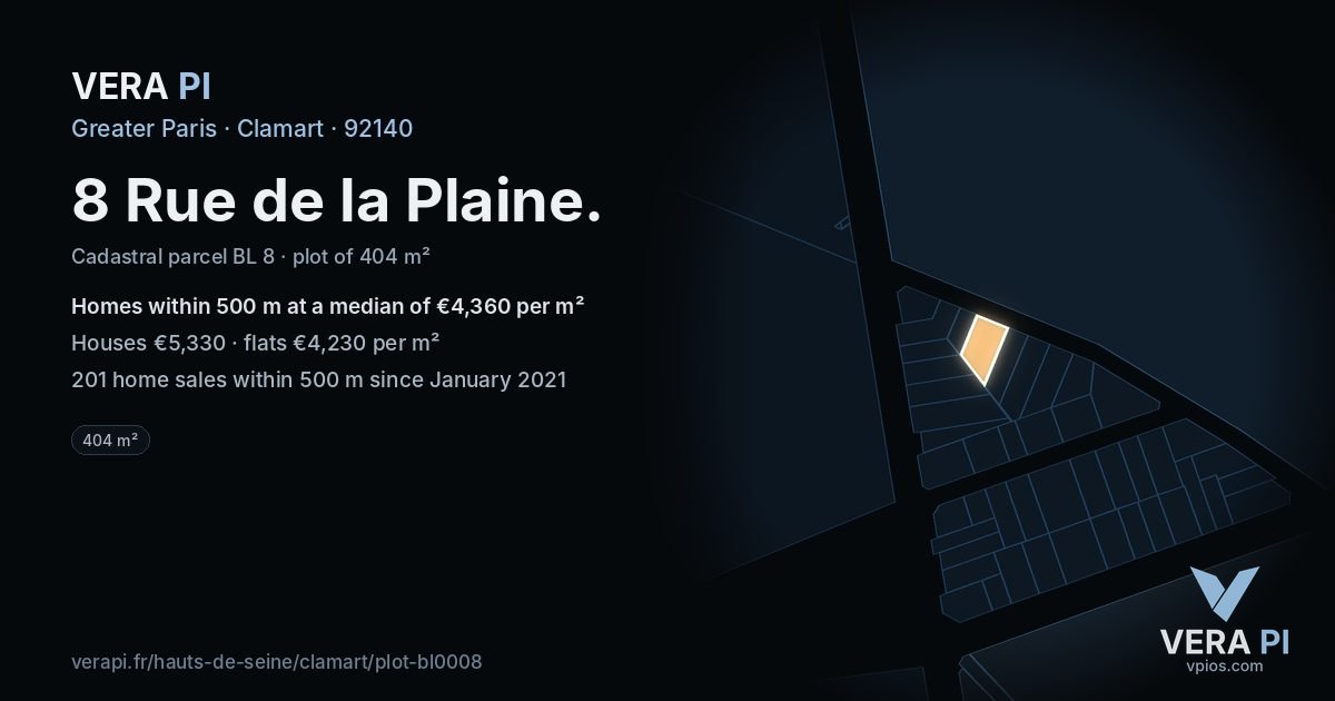 8 Rue de la Plaine, Clamart at night – the plot lit, the parcels around coloured by the prices near them