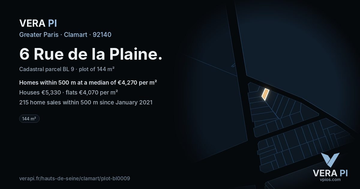 6 Rue de la Plaine, Clamart at night – the plot lit, the parcels around coloured by the prices near them
